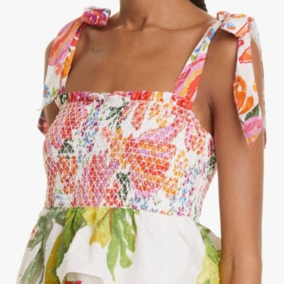 Farm Rio A-Line Dress White Floral Pleated/Ruffle Sleeveless Square Neck S $245 - Picture 2 of 10